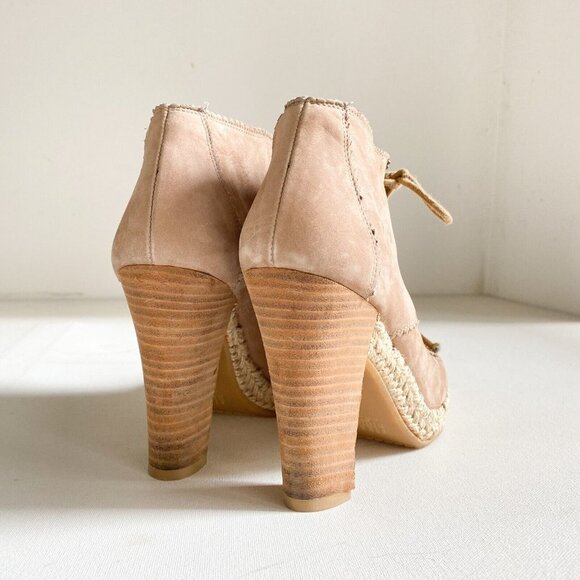 Stuart Weitzman Light Beige Suede Espadrille Detail Heeled Peep Toe Booties 7.5 - Picture 2 of 7